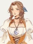 1girl aerith_gainsborough aerith_gainsborough_(garnet&#039;s_gown) black_choker blue_ribbon braid braided_ponytail breasts brown_hair choker closed_mouth cosplay crystal dress final_fantasy final_fantasy_ix final_fantasy_vii final_fantasy_vii_ever_crisis garnet_til_alexandros_xvii garnet_til_alexandros_xvii_(cosplay) green_eyes hair_ribbon highres jewelry juliet_sleeves long_hair long_sleeves medium_breasts mmariesr official_alternate_costume orange_dress parted_bangs pendant puffy_long_sleeves puffy_sleeves ribbon shirt sidelocks single_braid sketch solo upper_body wavy_hair white_background white_shirt 