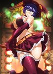  artist_request belt between_thighs blue_hair breasts broom broom_riding elbow_gloves eyepatch gloves green_eyes halloween_costume hat ikkitousen large_breasts midriff mole official_art ryomou_shimei short_hair skirt solo thighhighs witch_hat 