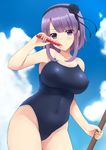  blue_sky breasts cloud competition_school_swimsuit dagashi_kashi day flower hair_flower hair_ornament highleg highleg_swimsuit highres large_breasts looking_at_viewer mizunashi_kenichi one-piece_swimsuit purple_eyes purple_hair school_swimsuit shidare_hotaru sky smile solo swimsuit 