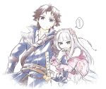 1boy 1girl arm_hug atelier_(series) atelier_lulua belt blue_coat blunt_bangs brown_belt brown_hair christoph_aurel_arland coat commentary_request cropped_torso elmerulia_fryxell grey_hair hair_ornament heart heart_hair_ornament jacket karasumi_(aiseec) long_hair long_sleeves looking_at_another looking_at_viewer open_mouth pink_jacket sheath sheathed simple_background speech_bubble sword translation_request weapon white_background 
