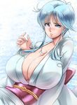  blue_eyes blue_hair blush breasts cleavage huge_breasts jigoku_sensei_nube long_hair looking_at_viewer ogura_anko pout solo yukime_(jigoku_sensei_nube) 
