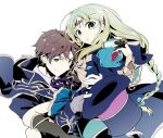  1boy 1girl atelier_(series) atelier_lulua blue_coat blue_eyes blue_jacket braid brown_hair carrying carrying_person circlet closed_mouth coat commentary_request ficus_finis fingerless_gloves gloves green_eyes green_hair hat holding holding_hat holding_unworn_clothes jacket karasumi_(aiseec) long_hair long_sleeves looking_at_viewer open_mouth piana_(atelier) short_hair simple_background single_braid smile top_hat unworn_hat unworn_headwear white_background 