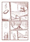  2011_sendai_earthquake_and_tsunami bad_id bad_pixiv_id bed cellphone comic gyari_(imagesdawn) kagamine_len knees_on_chest male_focus monochrome phone simple_background sitting solo translated vocaloid 