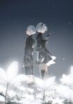  1boy 1girl 2b_(nier:automata) 9s_(nier:automata) back-to-back black_dress black_gloves black_hairband black_jacket black_shorts blue_eyes boots breasts clothing_cutout commentary_request dress feather-trimmed_sleeves feather_trim flower gloves hairband highres jacket juliet_sleeves large_breasts long_sleeves nier:automata nier_(series) no_blindfold puffy_sleeves shikan shorts standing thigh_boots white_hair 