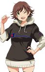 71 brown_hair clothes_writing honda_mio hood hoodie idolmaster idolmaster_cinderella_girls one_eye_closed product_placement short_hair simple_background smile solo 