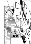  1girl aircraft airplane braid broom broom_riding check_translation comic flying fuuzasa greyscale hat highres hill kirisame_marisa monochrome spoken_ellipsis touhou translated translation_request witch_hat 