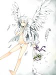  absurdres bouquet feathered_wings feathers finger_to_mouth flat_chest flower highres long_hair looking_at_viewer nana_(kuu_haku) original panties smile solo underwear white_panties white_wings wings 