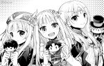  3girls :d atelier_(series) atelier_lulua blunt_bangs character_doll christoph_aurel_arland circlet closed_mouth commentary_request doll elmerulia_fryxell ficus_finis greyscale hair_ornament hat holding holding_doll karasumi_(aiseec) long_hair long_sleeves looking_at_viewer monochrome multiple_girls open_mouth piana_(atelier) rorolina_frixell smile sterkenburg_cranach upper_body 