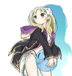  1girl atelier_(series) atelier_lulua ball beachball bikini black_jacket blonde_hair commentary_request cowboy_shot drop_shadow ficus_finis ficus_finis_(coastal_trickster) flower gold_trim green_eyes hair_flower hair_ornament holding holding_ball holding_beachball hood hood_down jacket karasumi_(aiseec) long_hair long_sleeves looking_to_the_side official_alternate_costume open_clothes open_jacket piana_(atelier) piana_(vivid_two-color)_(atelier) polka_dot polka_dot_bikini puni_(atelier) solo standing swimsuit white_flower 