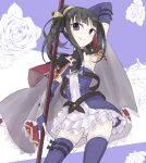  1girl arm_behind_head arm_up atelier_(series) atelier_lulua bare_shoulders belt black_hair cape commentary_request cowboy_shot dress elbow_gloves fingerless_gloves floral_background frilled_dress frills gloves holding holding_weapon karasumi_(aiseec) long_hair looking_at_viewer mimi_houllier_von_schwarzlang ponytail purple_background purple_eyes purple_shirt purple_thighhighs red_cape shirt smile solo standing thighhighs weapon white_dress 