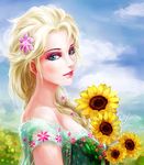  blonde_hair blue_eyes braid day elsa_(frozen) eykihan flower frozen_(disney) frozen_fever hair_flower hair_ornament hair_over_shoulder single_braid sky solo sunflower upper_body 