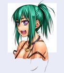  bare_shoulders breasts cleavage green_hair large_breasts mt1 original partially_colored purple_eyes short_hair solo 