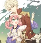  1boy 1girl :d atelier_(series) atelier_escha_&amp;_logy bracelet braid breasts choker cleavage escha_malier falling_petals fur_choker green_eyes grey_hair hand_up hat holding_hands interlocked_fingers jacket jewelry karasumi_(aiseec) logix_ficsario long_hair looking_at_another open_mouth petals pink_hair pom_pom_(clothes) red_jacket short_hair sky smile twintails upper_body 