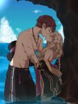  1boy 1girl atelier_(series) atelier_lulua bikini blonde_hair blue_sky borrowed_clothes brown_hair cliff closed_eyes cloud commentary_request day ficus_finis ficus_finis_(coastal_trickster) from_side hand_on_another&#039;s_arm hetero jewelry karasumi_(aiseec) kiss long_hair necklace ocean official_alternate_costume outdoors piana_(atelier) piana_(vivid_two-color)_(atelier) polka_dot polka_dot_bikini profile short_hair sky standing strap_pull swimsuit topless_male wading water 