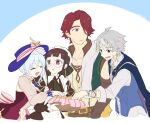  2boys 2girls :o atelier_(series) basket blue_eyes blue_hair blue_hat bow brown_hair closed_eyes collared_shirt commentary_request dress glasses grey_hair hair_between_eyes hat hat_bow holding holding_basket karasumi_(aiseec) knoss_(atelier) long_hair long_sleeves looking_at_another lotus_mcgregor maid misty_elerute multiple_boys multiple_girls nelke_to_densetsu_no_renkinjutsushi_tachi nelke_von_luchetam open_mouth red_eyes red_hair shirt short_hair side_ponytail smile striped_bow upper_body white_shirt 