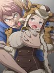  1girl :p animal_hood bell blush breast_grab breasts brown_eyes brown_gloves brown_hair daetta_(granblue_fantasy) draph fang gloves grabbing gran_(granblue_fantasy) granblue_fantasy hetero hood large_breasts open_mouth pink_hair pointy_ears short_hair solo_focus tayuura_(kuwo) tongue tongue_out 