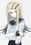  1girl aqua_neckerchief brown_eyes colored_eyelashes earrings expressionless flipped_hair gakuen_idolmaster gradient_hair grey_hair hatsuboshi_gakuen_school_uniform highres idolmaster jewelry light_brown_hair long_hair long_sleeves looking_at_viewer lvetica multicolored_hair neckerchief school_uniform serafuku shinosawa_hiro simple_background solo very_long_hair white_background 