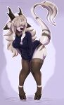 anthro ashley_(vinthebat) bent_over bottomless braided_hair butt clothed clothing deer digital_media_(artwork) dragon ear_tuft fangs female flirting fluffy fluffy_tail freddymartin full-length_portrait fur grey_hair hair hair_over_eyes hands_in_both_pockets hi_res hoodie hooves horn hybrid knock-kneed long_hair mammal mountain_deer_dragon mythological_creature mythological_scalie mythology portrait raised_tail scalie shaded simple_background slightly_chubby smile snout solo striped_body striped_fur stripes tail teeth thick_thighs topwear tuft white_body white_fur