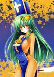  alternate_costume bodysuit breasts cosplay dragon_quest dragon_quest_iii fang frog_hair_ornament gohei green_hair hair_ornament hat highres kochiya_sanae large_breasts long_hair orange_bodysuit osashin_(osada) priest_(dq3) priest_(dq3)_(cosplay) sideboob skin_tight slime_(dragon_quest) smile snake_hair_ornament solo tabard touhou yellow_eyes 