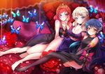  3girls :&lt; :o artist_name ayase_eli bare_shoulders barefoot beads black_dress blonde_hair blue_eyes blue_hair blush breasts butterfly_ornament choker cleavage collarbone deeple detached_sleeves dress earrings emerald flower gem girl_sandwich gloves hand_on_hip hand_on_own_cheek highres jewelry large_breasts looking_at_viewer love_live! love_live!_school_idol_project lying medium_breasts multiple_girls necklace nishikino_maki no_shoes petals pillow pink_hair purple_dress purple_eyes rose rose_petals ruby_(stone) sandwiched sapphire_(stone) smile soldier_game sonoda_umi sparkle thighhighs tiara white_gloves yellow_eyes 