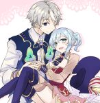  1boy 1girl ascot atelier_(series) blue_ascot blue_eyes blue_hair blue_hat blush breasts cleavage closed_mouth collared_shirt commentary_request gold_trim grey_hair hair_between_eyes hat holding_hands karasumi_(aiseec) long_sleeves looking_at_viewer lotus_mcgregor nelke_to_densetsu_no_renkinjutsushi_tachi nelke_von_luchetam one_eye_closed open_mouth pleated_skirt red_shirt shirt short_hair side_ponytail sitting skirt smile unworn_hat unworn_headwear white_shirt 