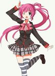  asanagi_kurumi_(panda-doufu) blue_eyes bow hair_bobbles hair_ornament little_busters! long_hair one_eye_closed pink_bow plaid plaid_skirt purple_hair saigusa_haruka school_uniform side_ponytail skirt solo striped striped_legwear thighhighs 