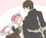 1boy 1girl :d atelier_(series) atelier_rorona black_cape black_gloves brown_dress brown_hair cape capelet closed_eyes closed_mouth commentary_request dress facing_another gloves hat heart holding_hands interlocked_fingers karasumi_(aiseec) long_sleeves looking_at_another open_mouth pink_hair pink_hat rorolina_frixell short_hair smile standing sterkenburg_cranach sweatdrop white_capelet 