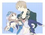  1boy 1girl atelier_(series) atelier_meruru bare_shoulders blue_background blue_footwear blue_shirt blue_sleeves boots border brown_eyes brown_hair carrying commentary_request detached_hood detached_sleeves gino_knab green_jacket hands_up hat hood hood_down jacket karasumi_(aiseec) knee_boots long_hair long_sleeves looking_at_another open_mouth outside_border princess_carry shirt short_hair totooria_helmold white_border 