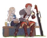  1boy 1girl armor armored_gloves atelier_(series) atelier_ryza atelier_ryza_1 basket black_skirt blonde_hair boots bottle braid brown_footwear brown_gloves closed_eyes commentary_request cup eating food full_body gloves karasumi_(aiseec) klaudia_valentz knee_boots lent_marslink long_hair mug on_bench open_mouth pants pantyhose profile puff_of_air red_pants sandwich shirt shoulder_armor sitting skirt smile sword weapon white_shirt 