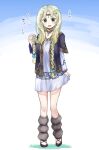  1girl atelier_(series) atelier_lulua atelier_totori black_footwear blue_jacket blush braid circlet commentary_request dress full_body green_eyes hand_up jacket karasumi_(aiseec) leg_warmers long_hair long_sleeves looking_at_viewer open_mouth piana_(atelier) shoes skirt_hold smile solo standing white_dress 