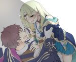  1boy 1girl assertive_female atelier_(series) atelier_lulua blue_coat blue_skirt blush braid brown_hair circlet coat collared_shirt commentary_request ficus_finis girl_on_top gloves green_eyes hair_bobbles hair_ornament hand_on_another&#039;s_arm hand_on_another&#039;s_shoulder hetero karasumi_(aiseec) long_hair long_sleeves looking_at_another lying nervous_smile on_back open_mouth piana_(atelier) pleated_skirt shirt short_hair skirt smile white_gloves white_shirt 