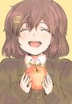  apple bad_id bad_pixiv_id brown_hair closed_eyes food fruit hirasawa_yui k-on! kanau sakuragaoka_high_school_uniform school_uniform short_hair solo 