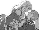  1boy 1girl atelier_(series) atelier_lulua braid closed_mouth coat commentary_request eye_contact face-to-face ficus_finis from_side girl_on_top greyscale hetero jacket karasumi_(aiseec) long_hair long_sleeves looking_at_another lying monochrome on_back piana_(atelier) profile short_hair simple_background smile sweatdrop white_background 