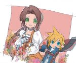  1boy 1girl aerith_gainsborough aerith_gainsborough_(garnet&#039;s_gown) ankomochi_ff blonde_hair blue_eyes blue_gloves blue_vest border braid braided_ponytail breasts brown_hair chibi cloud_strife cloud_strife_(zidane&#039;s_outfit) cosplay crystal dress final_fantasy final_fantasy_ix final_fantasy_vii final_fantasy_vii_ever_crisis garnet_til_alexandros_xvii garnet_til_alexandros_xvii_(cosplay) gloves green_eyes grey_choker highres holding holding_sword holding_weapon jewelry juliet_sleeves light_blush long_hair long_sleeves medium_breasts official_alternate_costume orange_dress over_shoulder parted_bangs parted_lips pendant pink_background popped_collar puffy_sleeves shirt short_hair sidelocks single_braid smile spiked_hair sword vest weapon weapon_over_shoulder white_border white_shirt wrist_cuffs zidane_tribal zidane_tribal_(cosplay) 
