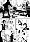  4boys a.hebmuller bad_id bad_pixiv_id blood car comic formal greyscale ground_vehicle highres monochrome motor_vehicle multiple_boys necktie original road suit translated truck 