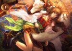  animal braid brooch brown_hair candle carpet dog fantasy green_eyes indoors jewelry light_smile long_hair looking_at_viewer lying md5_mismatch miyai_haruki on_back original rug sash sidelocks single_braid sleeping solo 