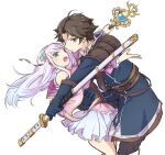  1boy 1girl atelier_(series) atelier_lulua belt blue_coat blue_gloves brown_hair christoph_aurel_arland coat commentary_request cowboy_shot elmerulia_fryxell floating_hair gloves green_eyes holding holding_staff holding_sword holding_weapon hug jacket karasumi_(aiseec) katana long_hair long_sleeves looking_at_viewer open_mouth pink_jacket short_hair simple_background skirt staff standing sword weapon white_background white_skirt 