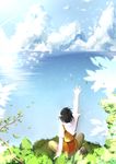  backpack bag bird black_hair cliff cloud day highres horizon leaf leaves_in_wind light_particles looking_afar ocean original outstretched_arm scenery short_hair silhouette sitting sky solo tendo_(zhazhatiantong) wind 