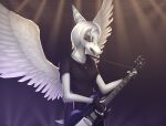 absurd_res anthro breasts bullet_casing cavemanon_studios clothed clothing concert elbow_feathers electric_guitar eyes_closed fang_(gvh) feathered_wings feathers female fingerless_gloves fingers forked_tongue frill_(anatomy) ghost3280 gibson gloves goodbye_volcano_high guitar guitar_pick hair handwear hi_res musical_instrument orange_makeup pale_body performance playing_music plucked_string_instrument prehistoric_species pterodactylus pterosaur raised_wings reptile scalie shirt short_hair short_tail silver_hair singing skinny slim smile snoot_game snout solo solo_focus stage string_instrument t-shirt tail tongue topwear wings