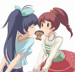  animal black_hair brown_eyes brown_hair doughnut food ganaha_hibiki hair_ribbon hamster idolmaster idolmaster_(classic) idolmaster_cinderella_girls jewelry multiple_girls necklace ponytail ribbon shiina_noriko skirt tomason 