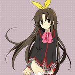  bad_id bad_pixiv_id bow brown_eyes brown_hair crossdressing little_busters! long_hair naoe_riki otoko_no_ko pink_bow plaid plaid_skirt school_uniform shacttainw skirt thighhighs 