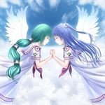  angel_wings blue_hair closed_eyes green_hair holding_hands long_hair multiple_girls original taka_(tsmix) wings 
