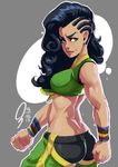  ass asymmetrical_hair back black_hair breasts brown_eyes christopher_boxill clenched_hands cornrows crop_top dark_skin eyebrows front-tie_top highres laura_matsuda lips long_hair looking_back medium_breasts midriff muscle muscular_female nose solo street_fighter street_fighter_v thick_eyebrows wavy_hair 