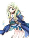  1girl arms_behind_back atelier_(series) atelier_lulua blue_coat blue_dress braid breasts circlet cleavage closed_mouth coat commentary_request cowboy_shot dress green_eyes green_hair karasumi_(aiseec) leaning_forward long_hair long_sleeves looking_at_viewer parted_bangs piana_(atelier) simple_background smile solo standing white_background 