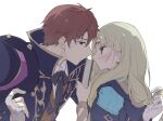  1boy 1girl atelier_(series) atelier_lulua black_hat black_ribbon blush book braid circlet closed_mouth collared_shirt commentary_request eye_contact face-to-face ficus_finis fingerless_gloves from_side gloves green_eyes hat high_collar holding holding_another&#039;s_hair holding_book holding_hat holding_unworn_clothes karasumi_(aiseec) long_hair long_sleeves looking_at_another neck_ribbon piana_(atelier) profile ribbon shirt simple_background sweatdrop top_hat upper_body white_background white_shirt 