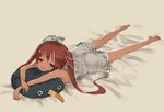  bare_shoulders barefoot blush brown_eyes brown_hair dress failure_penguin fang full_body hair_ribbon hat kantai_collection libeccio_(kantai_collection) long_hair lying natsuhiko on_stomach open_mouth ribbon sailor_dress simple_background sleeveless smile solo twintails 