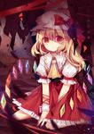  arm_ribbon ascot blonde_hair bow crying dress flandre_scarlet hat hat_bow highres kuromomo looking_at_viewer mob_cap puffy_short_sleeves puffy_sleeves red_dress red_eyes ribbon sash short_sleeves side_ponytail sitting solo touhou wariza wings wrist_cuffs 