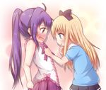  blonde_hair blush bow commentary_request from_side hair_bow high_ponytail long_hair multiple_girls nose_blush open_mouth pleated_skirt ponytail profile purple_bow purple_hair short_sleeves skirt sugiura_ayano tokunaga_(gokaku_kansuu) toshinou_kyouko wavy_mouth yuru_yuri 