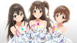  brown_eyes brown_hair dress girl_sandwich green_eyes honda_mio idolmaster idolmaster_cinderella_girls jewelry long_hair mizuki_makoto multiple_girls necklace new_generations one_side_up sandwiched shibuya_rin shimamura_uzuki short_hair smile star tiara 