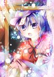  absurdres animal_ears badcatking blush bow cat_ears fang from_outside hat heart highres looking_out_window miyako_yoshika ofuda open_mouth purple_eyes purple_hair ribbon short_hair snowflakes solo star tail tail_bow touhou translated window 